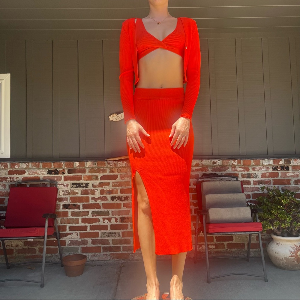 Vibrant red 3-piece set - skirt, bra top, and cardigan🔥